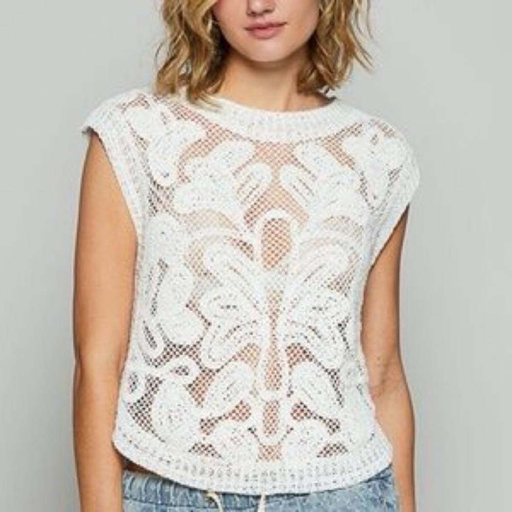 POL Romantic Boho Round Neck White Crochet Loose Knit Sleeveless Sweater Top OS - Picture 4 of 15